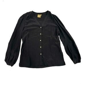 Tory Burch 100% Silk Black Button Down V Neck Blouse Women’s Size 12